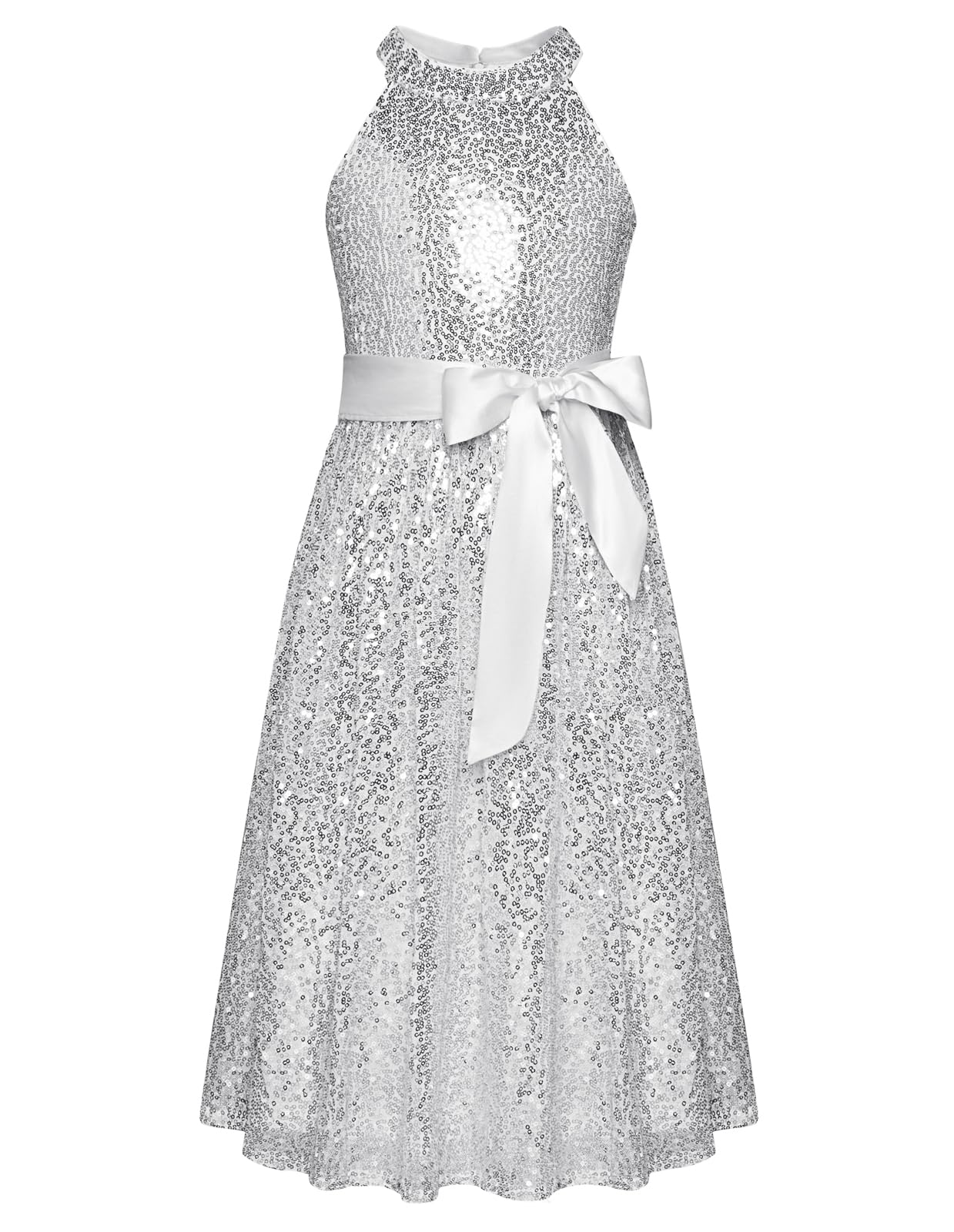 GRACE KARIN Girls Sequin Party Dress Cute Girls Prom Princess Midi Dress for Birthday Silver Multicoloured 8Y