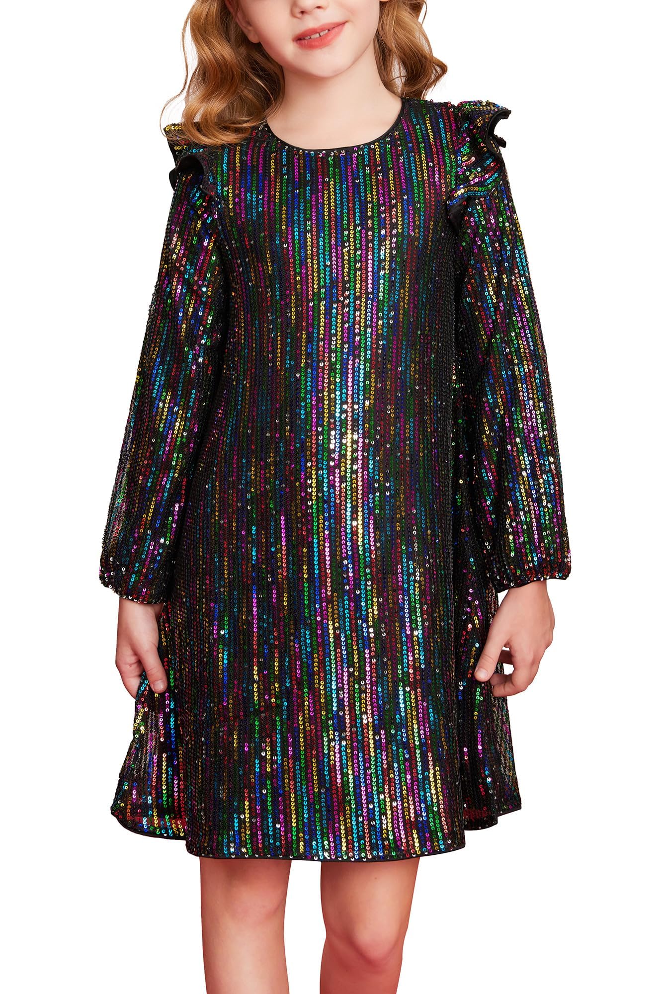 GRACE KARIN Girls Sequin Long Sleeve Formal Dresses 2024 Sparkle Midi Fancy Party Dress(Multicolor Black5-6 Years)