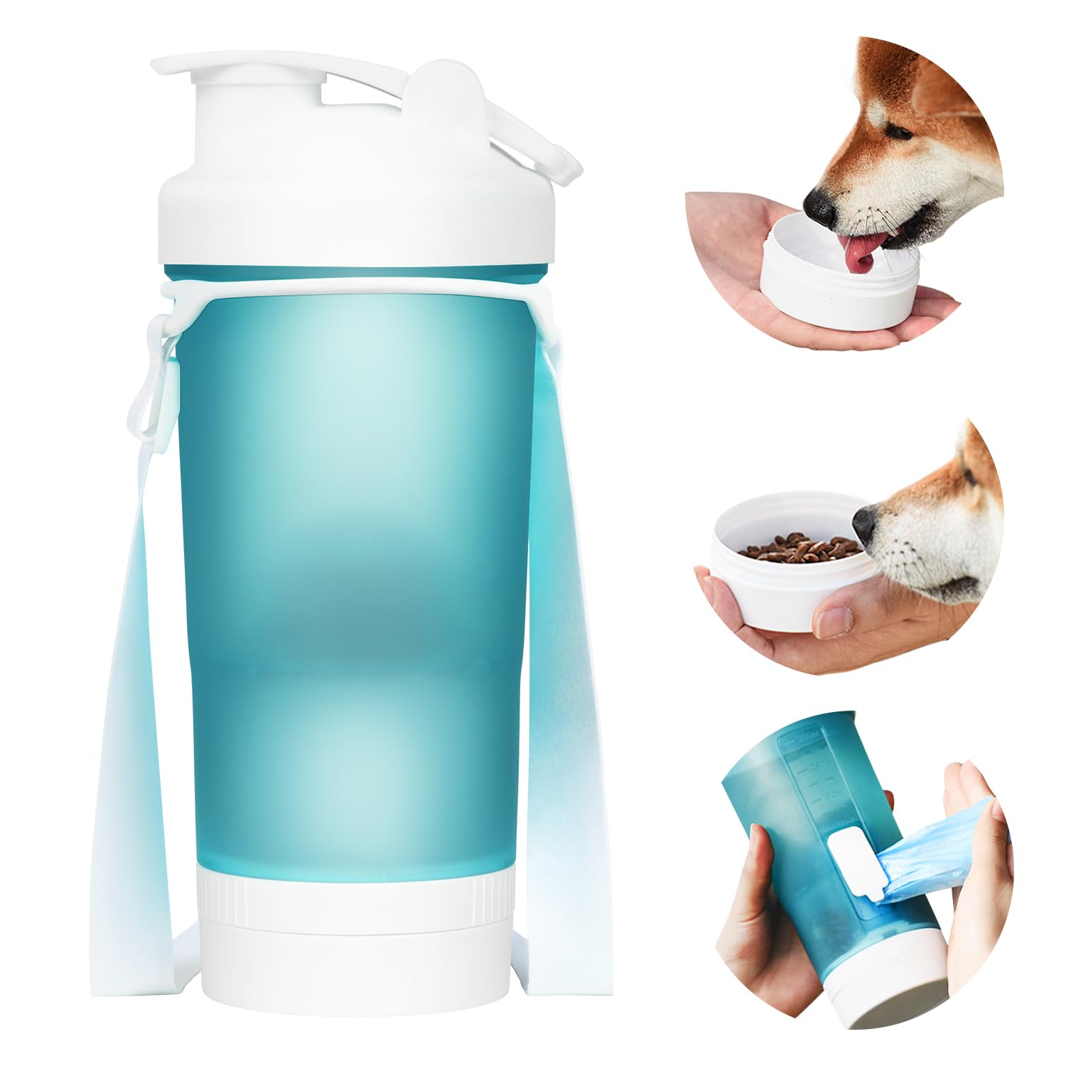 Gourde pour chien Loonpon, bouteille d'eau portable pour animaux de compagnie avec bol pour chien, récipient pour nourriture, distributeur de sacs à déjections canines, accessoires pour chien pour la promenade, la randonnée, les voyages (bleu 15 oz)