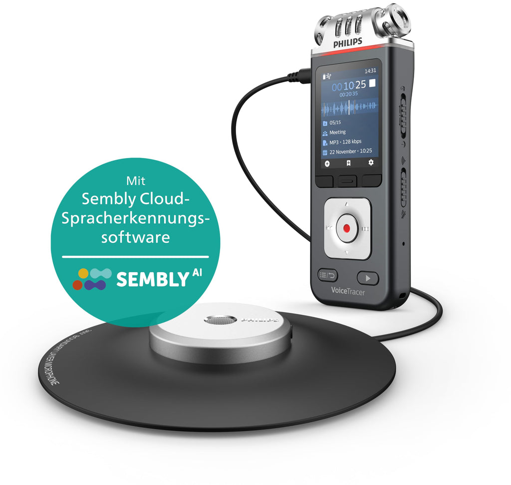 Philips DVT8115 Meeting-Recorder Diktiergerät mit 360°-Meeting Mikrofon und Sembly KI-basierten Cloud -Spracherkennung