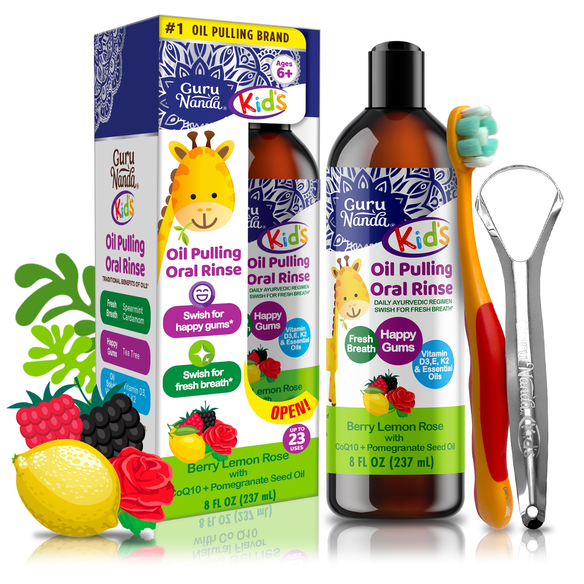 GuruNanda Kids Oil Pulling Alcohol-Free Mouthwash Essential Oils & Vitamins for Fresh Breath & Happy Gums for Ages 6 & up Natural Berry Lemon Rose 8 Oz