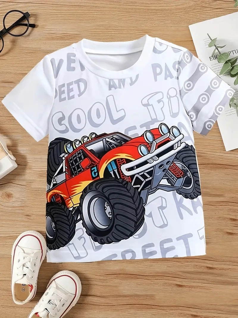 Children's Short-Sleeved T-Shirt with Cartoon Car Print
