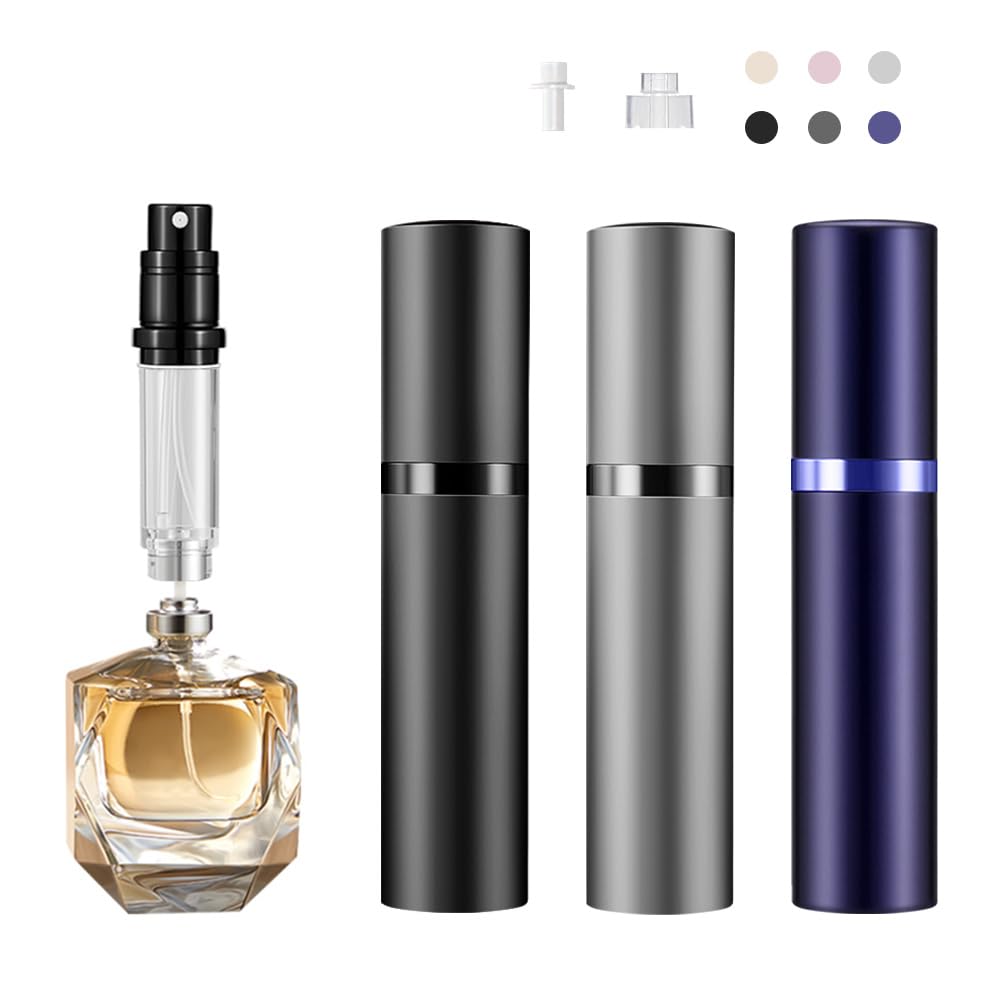 DIOHIO 5ml Perfume Atomizer Travel RefillableMini Cologne Dispenser Bottom-Filling Fragrances Perfumes BottlePortable Sprayer Pocket Size for Women Men Cruise Car Trip Gift 3pcs (Black-Grey-Purple