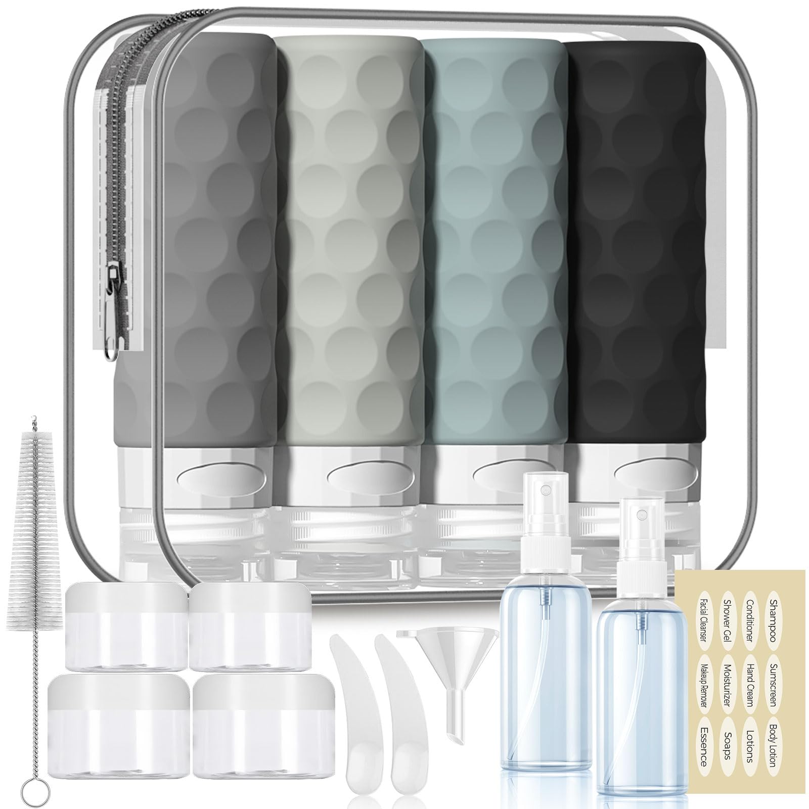 Silevoler 16pack Travel Bottles for Toiletries TSA Approved Travel Size Containers Set Leak Proof Refillable Liquid & Creams Toiletries Accessories Kit W/Toiletry Bag（Gray）