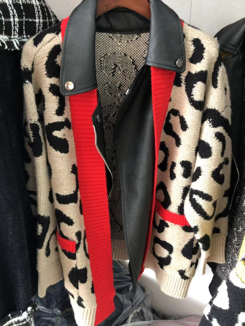 Leopard Print PU Leather Jacket with Zipper Pockets