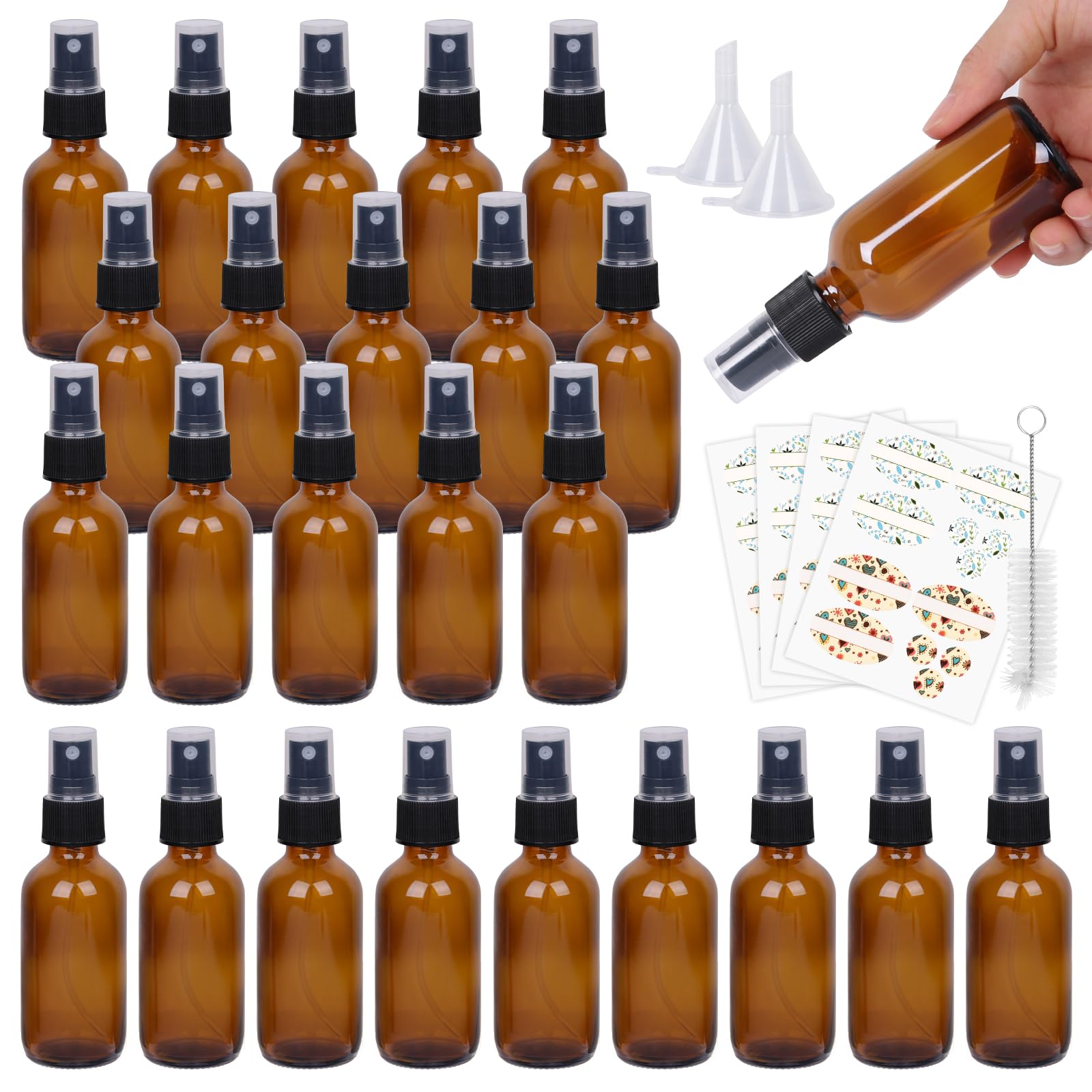 EkkoVla 24 Pack 2 oz Amber Spray Bottles with Fine Mist Sprayer 60 ml Glass Travel Bottles for Cosmetic Essential Oils Cleaning Solutions Perfumes and Liquids