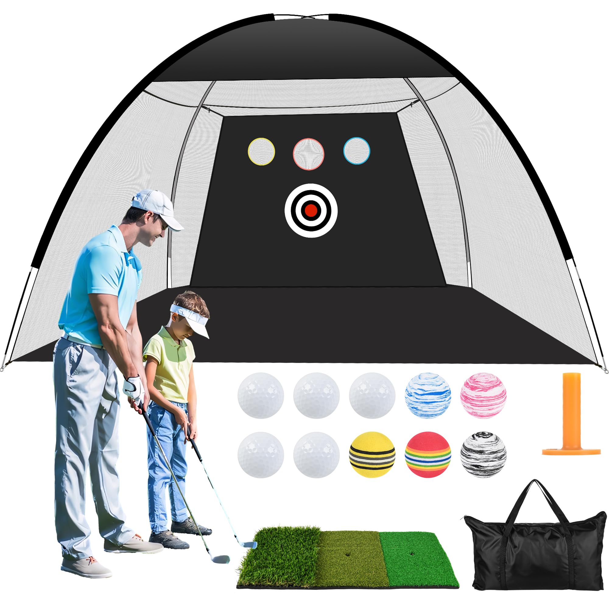 SRIVIJA Golf Net 10x7ft All in 1 Golf Practice Net with Golf Mat Impact Target 10 Golf Balls 1 Golf Tees 1 Carry Bag Golf Net for Backyard Driving Chipping Indoor