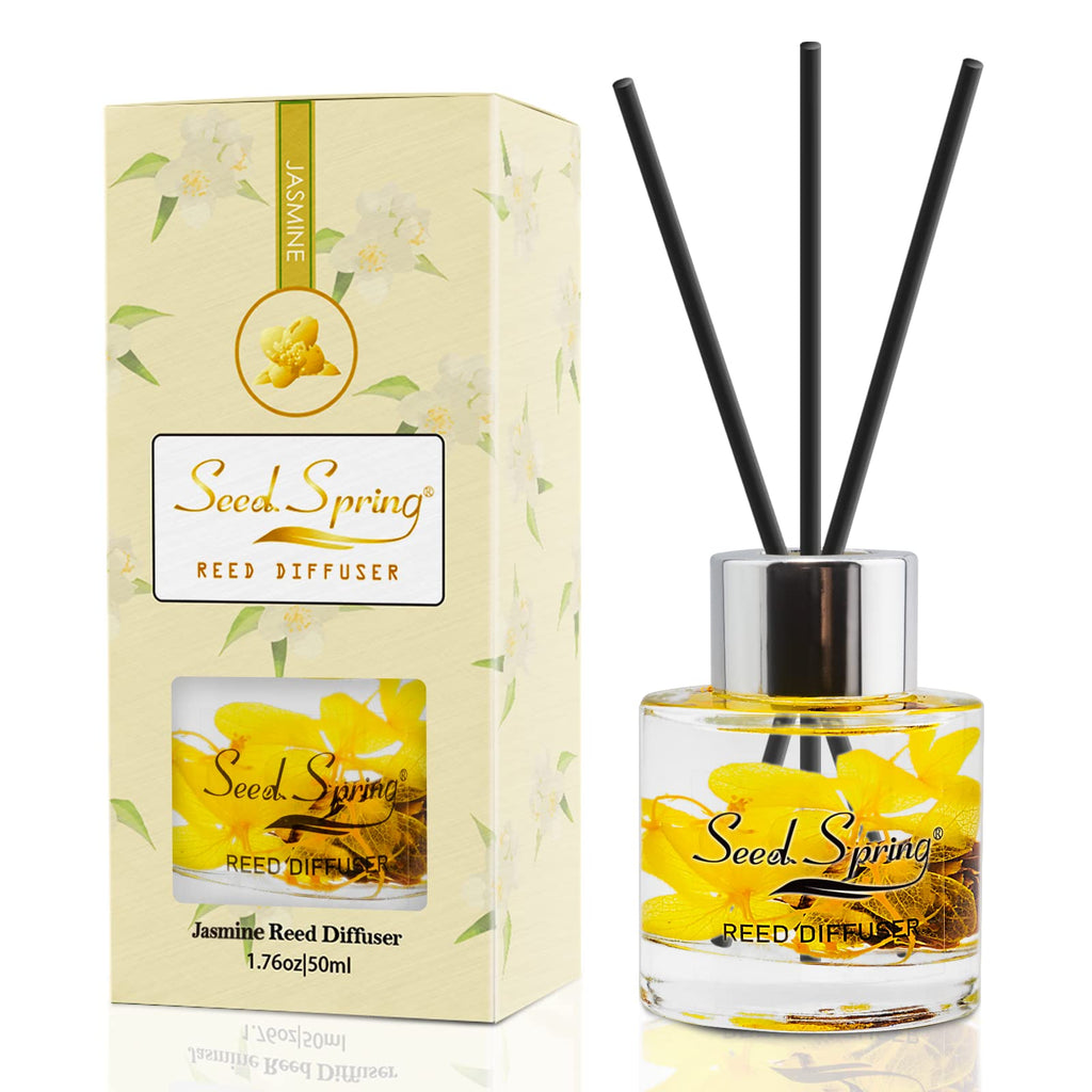 Seed Spring Reed Diffuser Set with Sticks Jasmine Scent Oil for Bedroom Office Gym and Stress Relief Home Office Fragrance Decoration Product 50 ml/1.7 oz