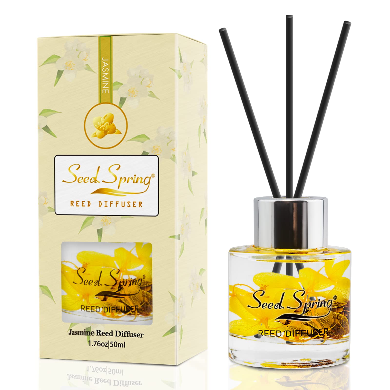 Seed Spring Reed Diffuser Set with Sticks Jasmine Scent Oil for Bedroom Office Gym and Stress Relief Home Office Fragrance Decoration Product 50 ml/1.7 oz