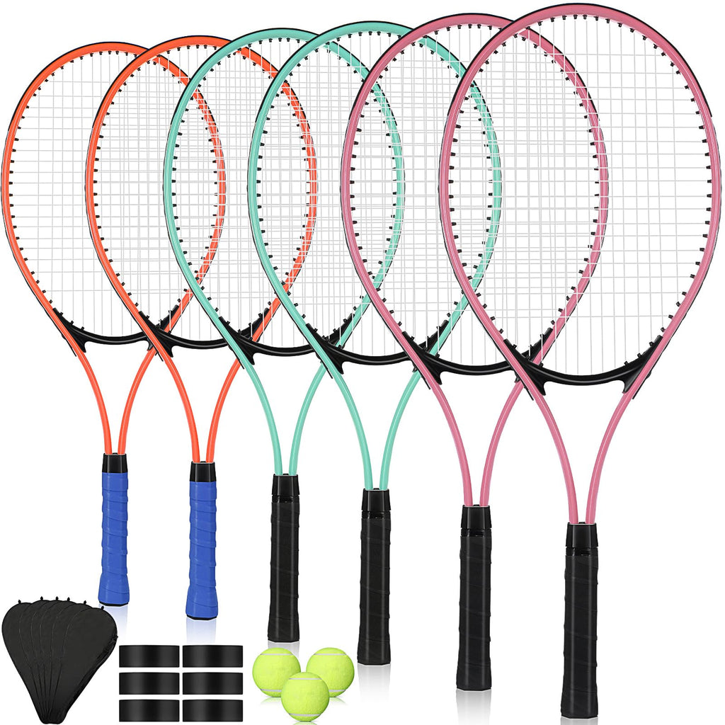 Motionchic 6 Raquettes de Tennis pour Adultes Loisirs 6 Joueurs Ensemble de 27 Raquettes de Tennis avec 3 Balles Raquettes de Tennis Légères pour l'Entraînement de Tennis Débutant avec Sursolide et Sac (Rose Vert Orange)