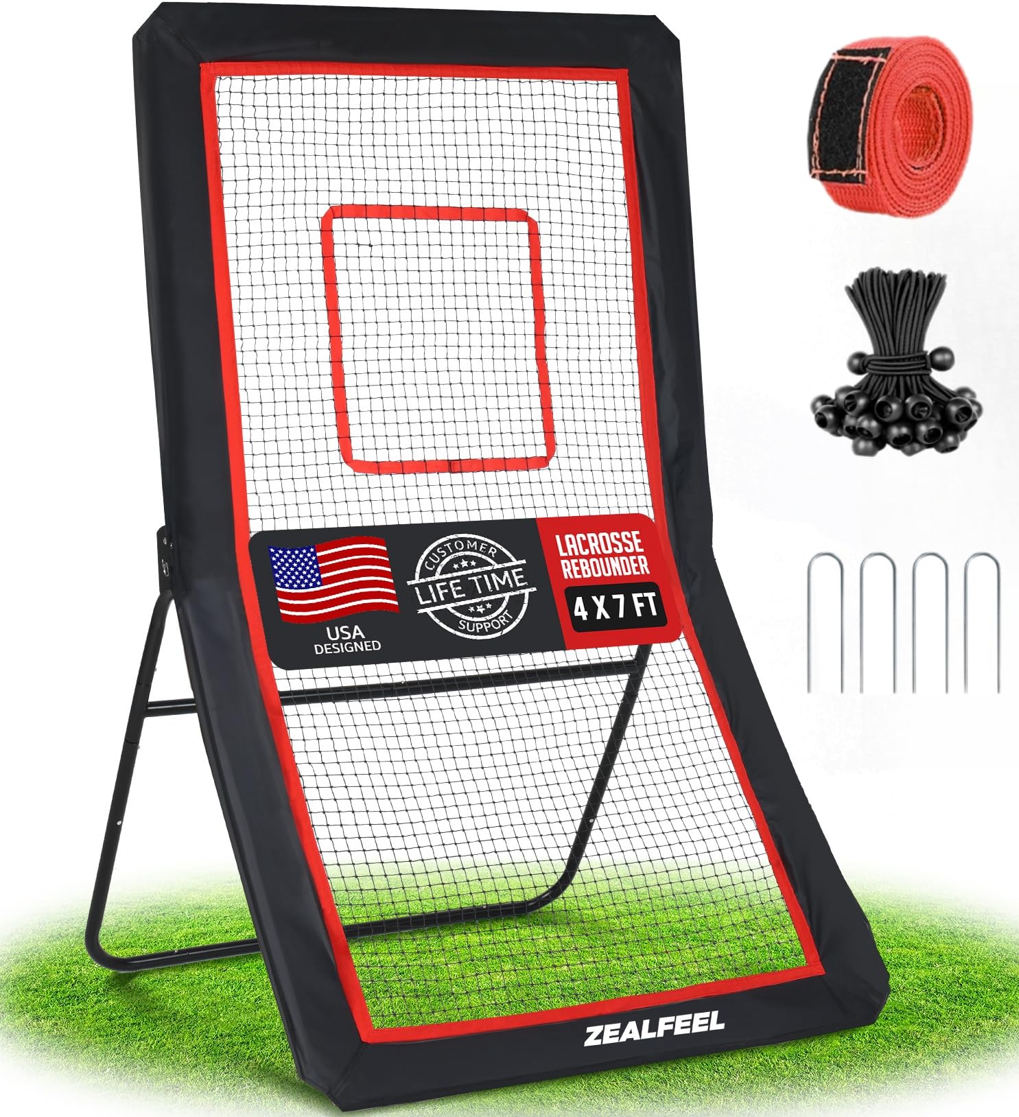 ZEALFEEL Lacrosse Rebounder 4x7ft Lacrosse Rebound for Backyard with 5 Adjustable Angles Target Strip Volleyball Rebounder Net Perfect for Lacrosse Volleyball Baseball Softball and Soccer Training