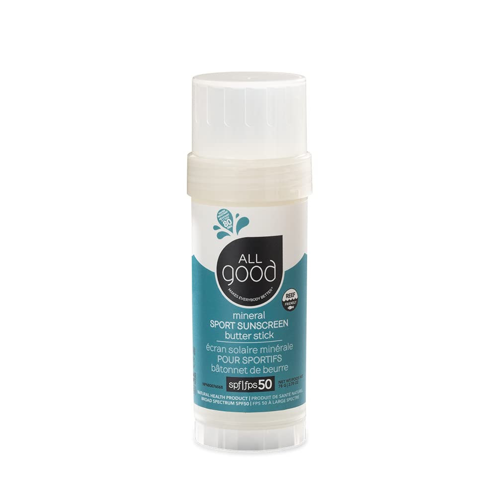 All Good Sunscreen - Sports Mineral for Face Nose Ears- Butter Stick SPF 50 - Coral Reef Friendly Water Resistant Zinc Oxide Coconut Oil Beeswax Vitamin E (2.75 oz)