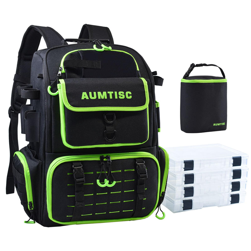 AUMTISC Fishing Tackle Bag Backpack with 2 Rod Holders 4 Tackle Boxes Rain Cover & Small Insulated Bag Large Fishing Backpack for Fish Gear & Equipment