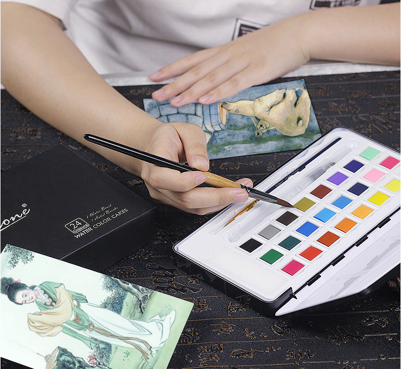 Watercolor Brush Set with 12 Paints in Metal Box