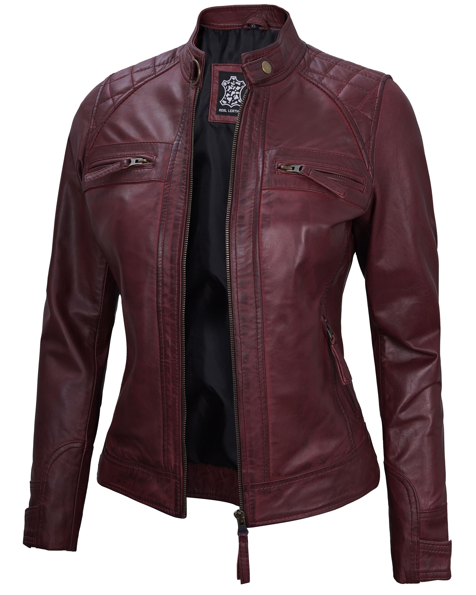 Decrum Maroon Leather Jacket - Womens Biker Jacket | (N2) [1315914] Diamond 1 Maroon L