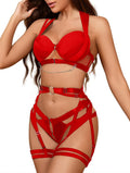 Foxiny Sexy Ensemble de Lingerie en Cuir PU à Bretelles, Soutien-Gorge Rembourré à Armatures, Porte-Jarretelles, Harnais, Culotte Découpée, 4 Pièces, Rouge, Taille L