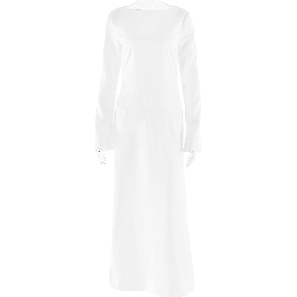 Trendy Long Sleeve Satin Backless Split Dress 2023