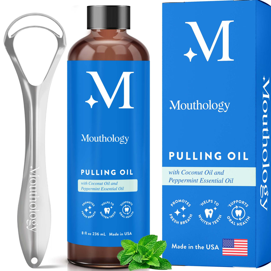 Mouthology Coconut Oil Pulling for Teeth and Gums (Made in USA) Whitening Pulling Oil Coconut Mint Mouthwash for Fresh Breath Ayurvedic Oil Pulling Mouth Gum Health with Tongue Scraper Oral Care 8oz