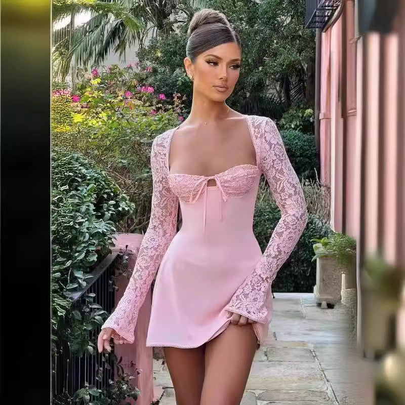 2023 Women's Fashion Lace Backless Long Sleeve Dress