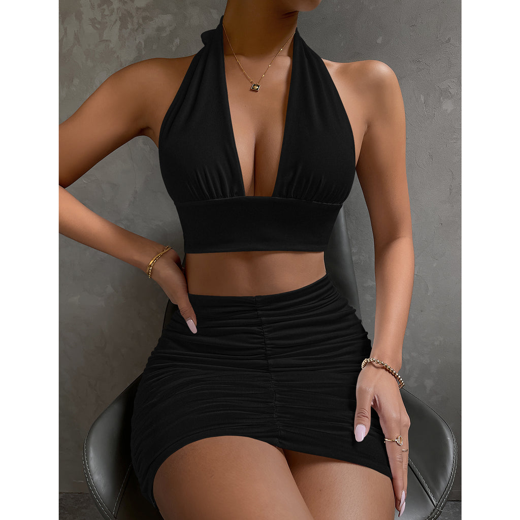 2024 Women's Cross-Border Halter Dress Set with V-Neck
