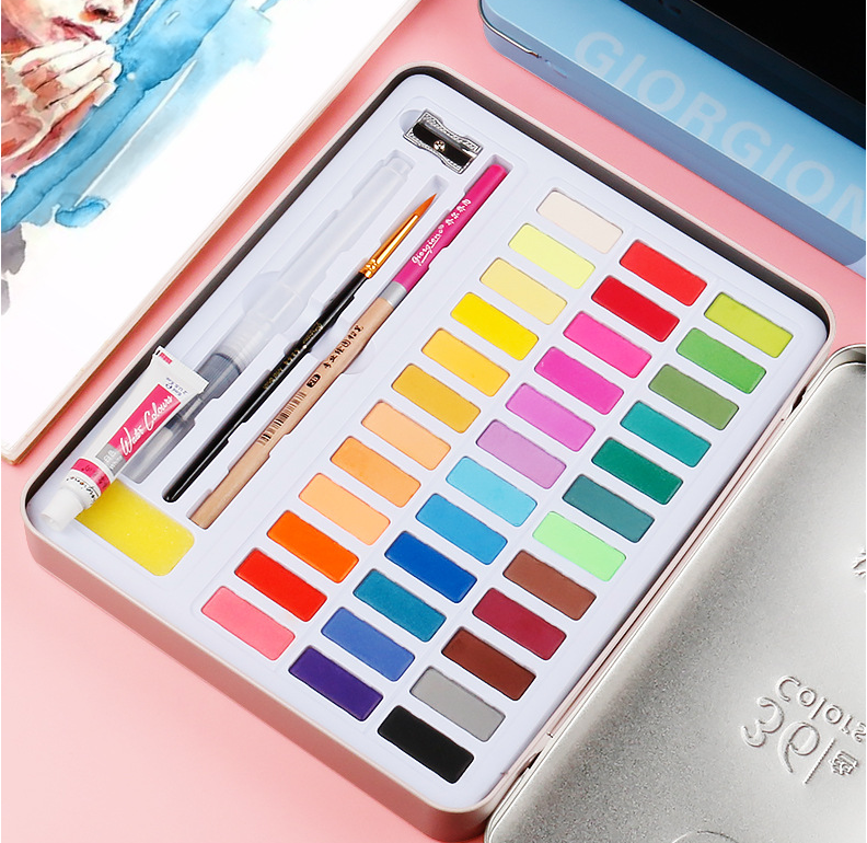 Ensemble complet de 36/48 couleurs d'aquarelles et accessoires