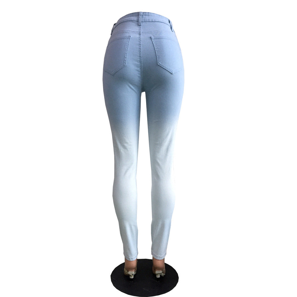 Blue-White Gradient Distressed Jeans for Cross-Border E-Commerce