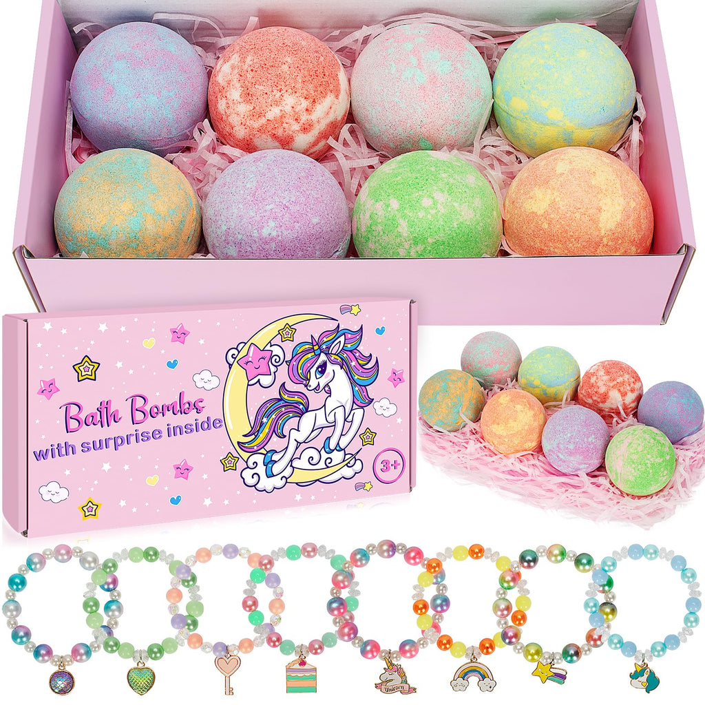 Unicorn Bath Bombs for Kids Girls with Surprise Inside 8 Pcs Natural Fizzy Princess Bubble Bath Bomb Kit with Toys Birthday Gift for 3 4 5 6 Year Old Girl