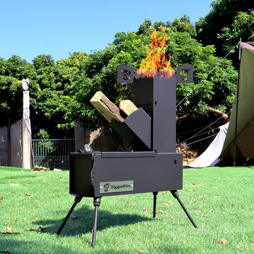 BiggerFire Rocket Stove Portable Folding Wood Burning Camping Stove for Outdoor Cooking Picnic BBQ Hunting Fishing Cast Steel Pocket Rocket Stove with Carrying Bag
