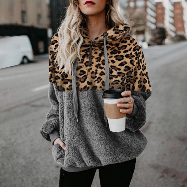 Women's Plush Hoodie with Leopard Print and Zipper Pockets