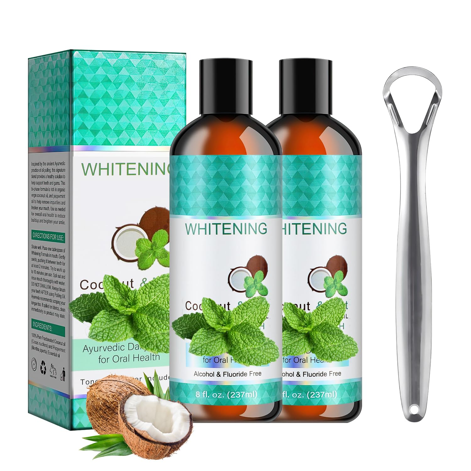 2PCS Coconut Pulling OilCoconut Pulling Oil for TeethOil Pulling Coconut Oil Mouthwash with Tongue ScraperCoconut Oil Pulling for Oral Care Fresh Breath Healthy Gums