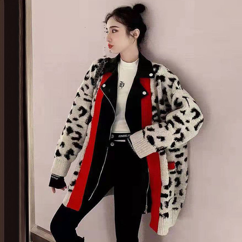 Leopard Print PU Leather Jacket with Zipper Pockets