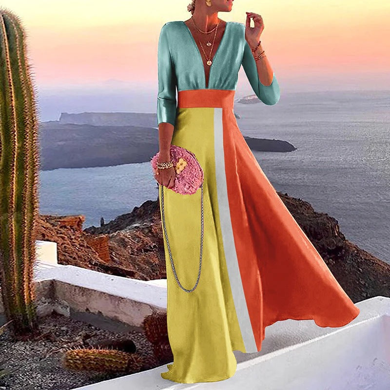 Fashionable Women's Long Sleeve Color Block Dress