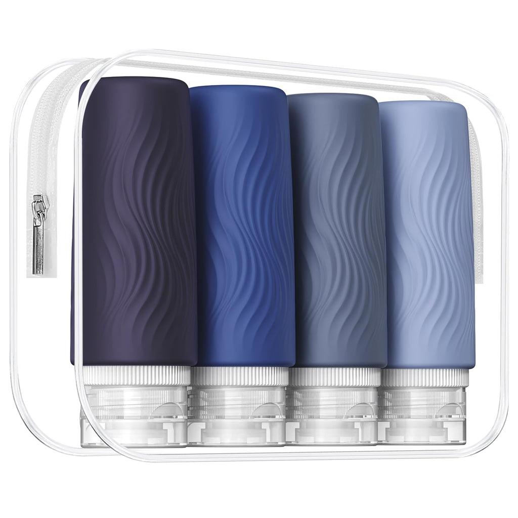 kuangre Travel Bottles for Toiletries Tsa Approved 3oz Portable Travel Bottles BPA Free Leak Proof Squeezable Silicone Travel Size Containers Travel Accessories with Clear Toiletry Bag (4 Pack)