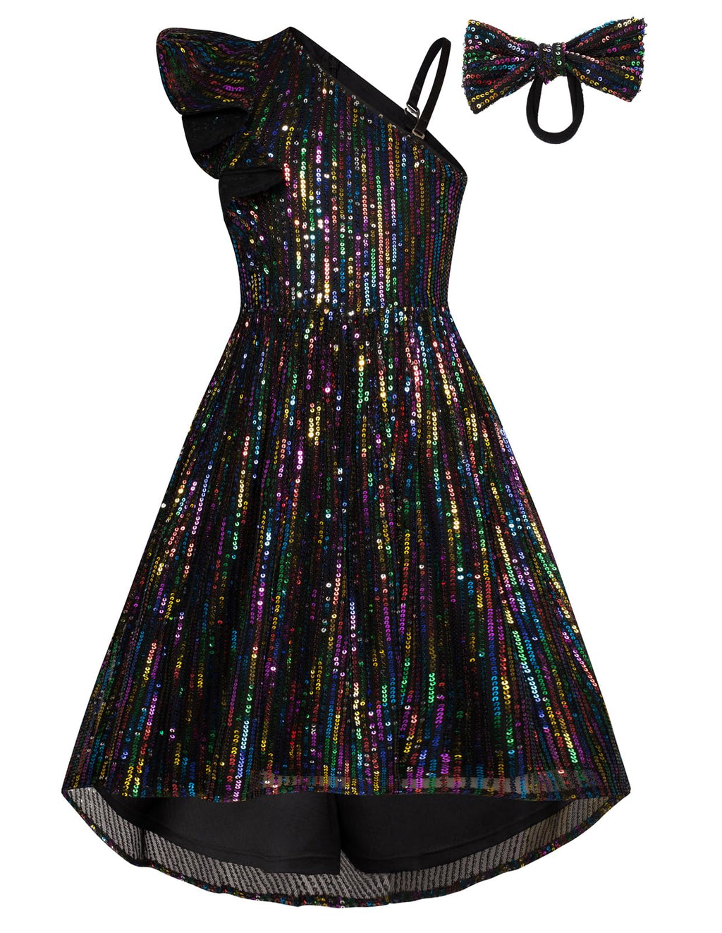 GRACE KARIN Girls One Shoulder Sequin Party Dress Girls Glitter Princess Midi Dress for Formal Occasion Black Multicoloured 8Y