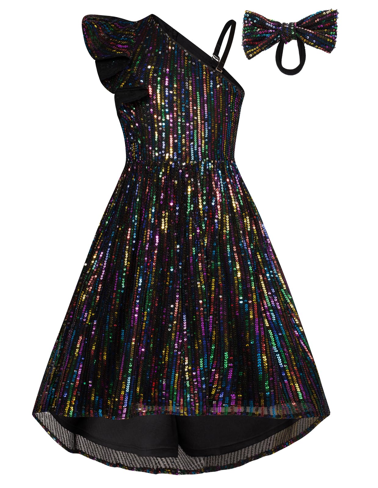 GRACE KARIN Girls One Shoulder Sequin Party Dress Girls Glitter Princess Midi Dress for Formal Occasion Black Multicoloured 8Y
