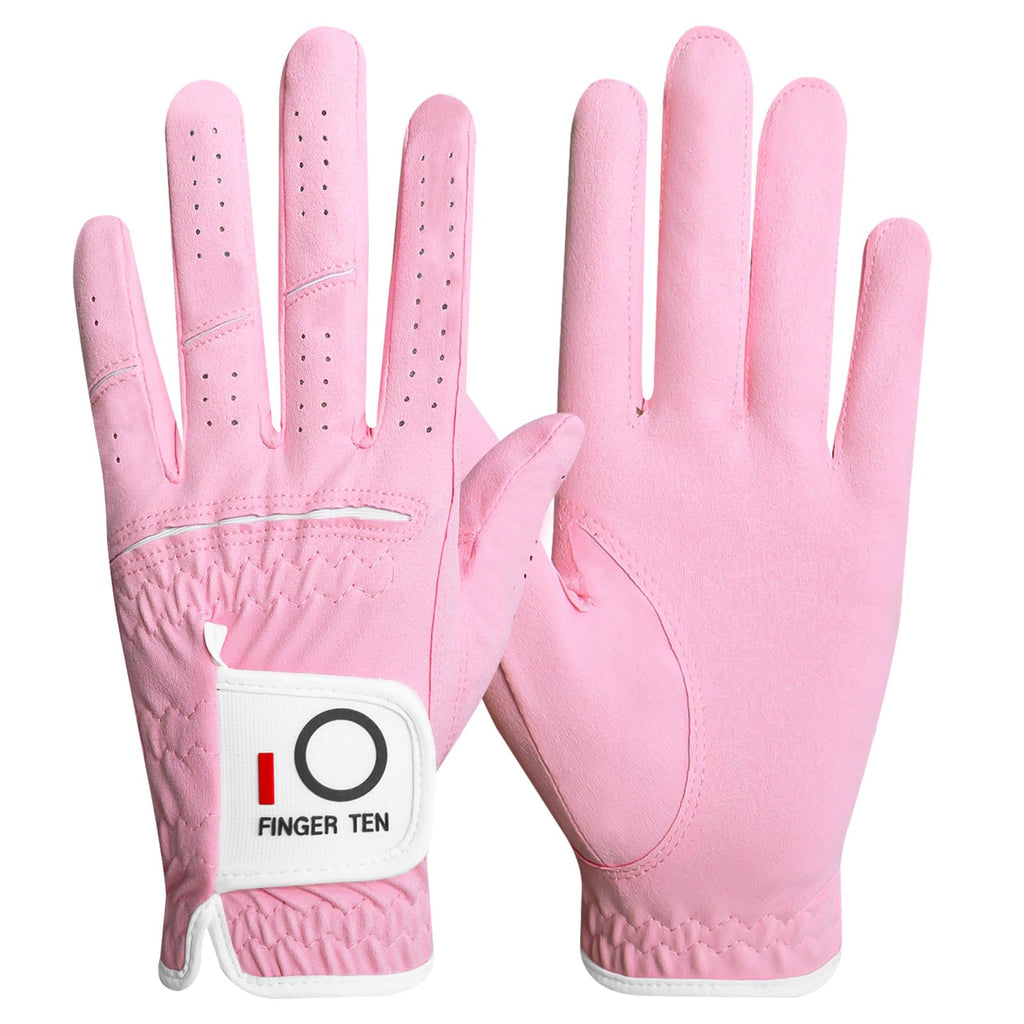 FINGER TEN Golf Gloves Womens Ladies 1 Pack Glove Left Hand for Right Handed Golfer Wet Hot Cool Rain Grip Weathersof All Weather Fit Small Medium Large XL (Pink Medium(Worn On Left Hand))
