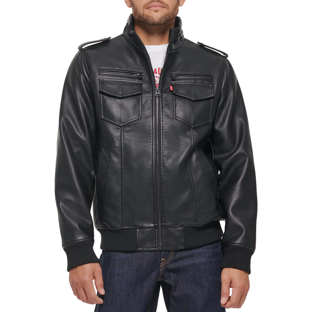 Levis Mens Faux Leather Aviator Bomber Jacket (Regular & Big & Tall Sizes) Dark Black XL