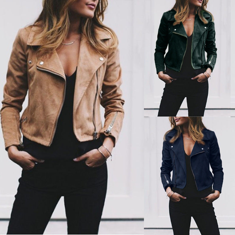 Women's Leather Jacket with Lapel and Oblique Zipper