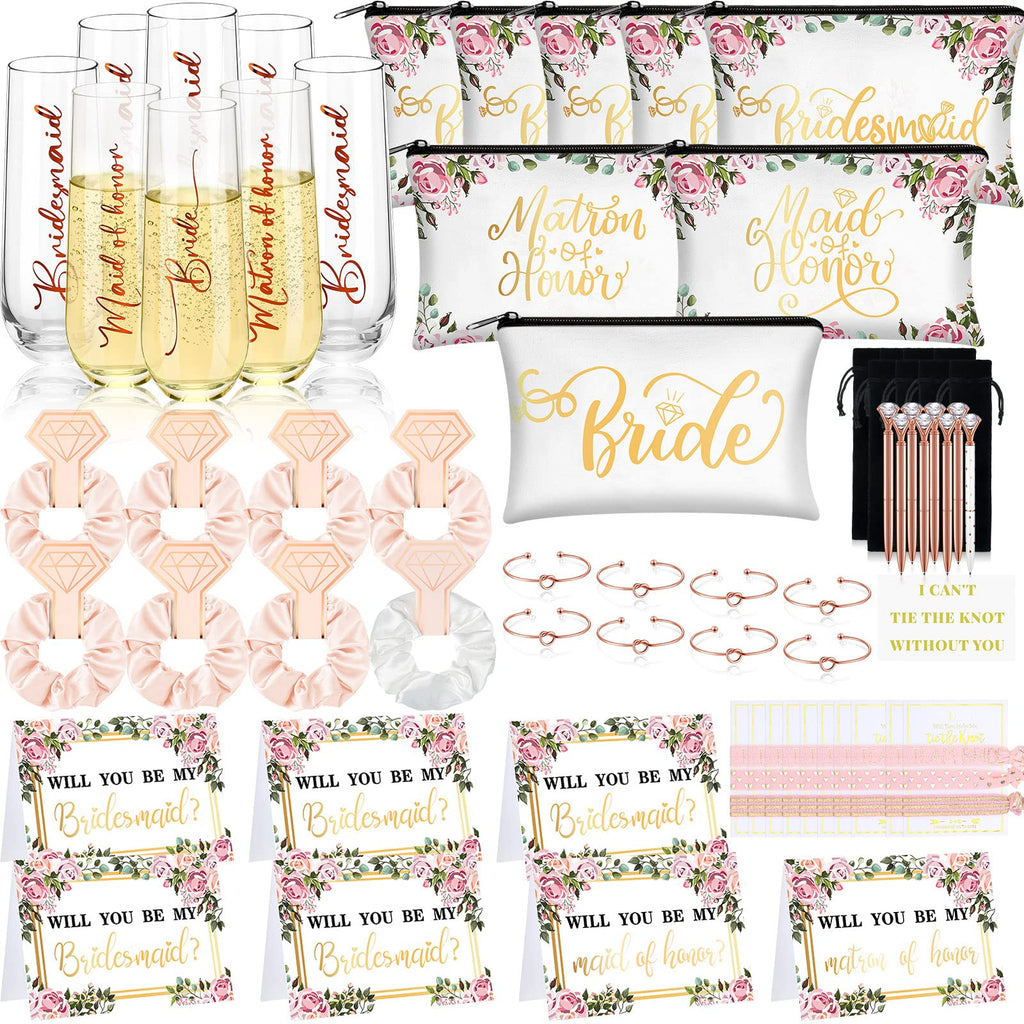 87Pcs Bridesmaid Proposal Gifts Maid of Honor Gifts Matron of Honor Gift Will You Be My Bridesmaid Gift Brides Bridesmaid Champagne Flutes Cosmetic Bags Hair Scrunchies Diamond Pen (Pink)