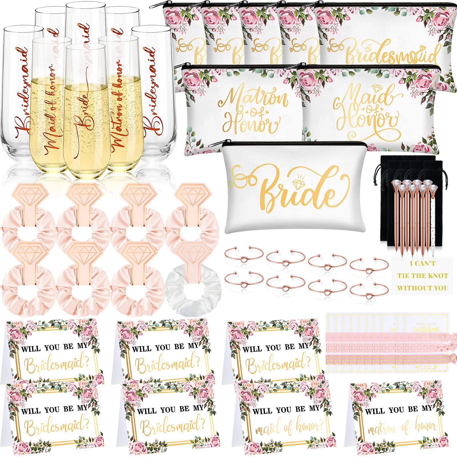 87Pcs Bridesmaid Proposal Gifts Maid of Honor Gifts Matron of Honor Gift Will You Be My Bridesmaid Gift Brides Bridesmaid Champagne Flutes Cosmetic Bags Hair Scrunchies Diamond Pen (Pink)