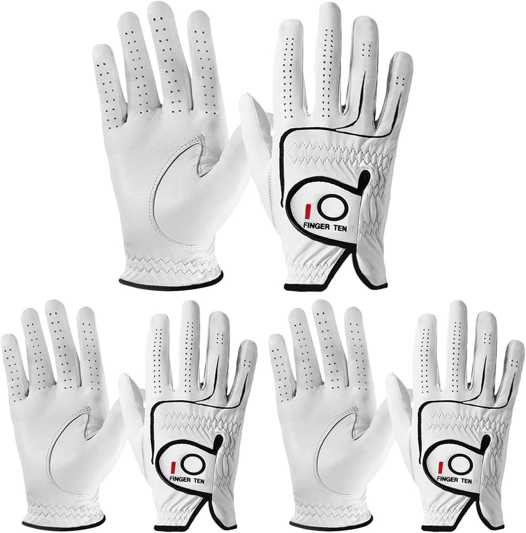 FINGER TEN Golf Gloves Men Right Handed Left Golfer Cabretta Leather Value 3 Pack Mens Glove Soft Grip Cadet Size Small Medium Large XL XXL (Natural White Large Right)