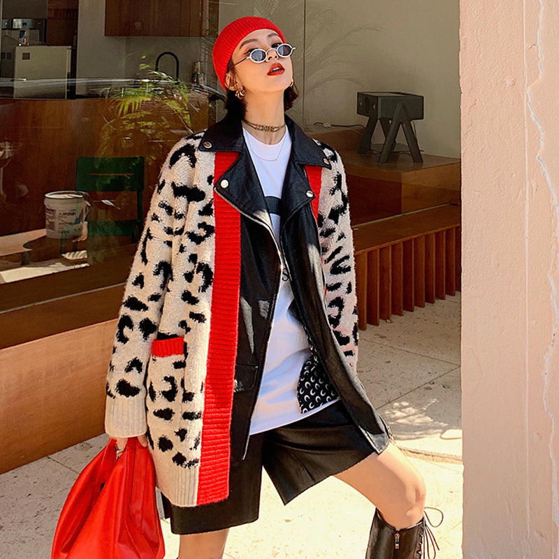 Leopard Print PU Leather Jacket with Zipper Pockets